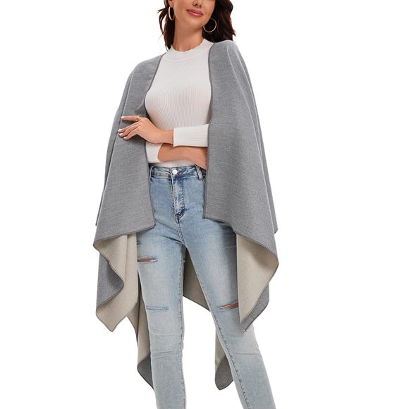 Women's Shawl Wrap Poncho Sweater Open Front Cape For Fall Winter,solid- Pale😁 - Picture 6 of 6